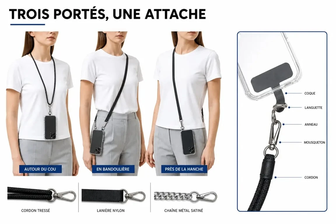 Tour de cou telephone porté autour du cou et en bandoulière avec système d’attache visible