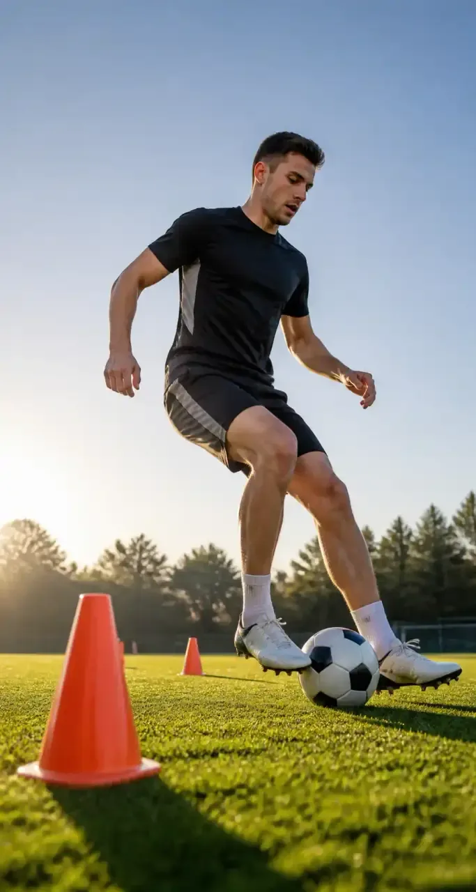 Équipements d'entraînement de football sur un terrain, lumière matinale