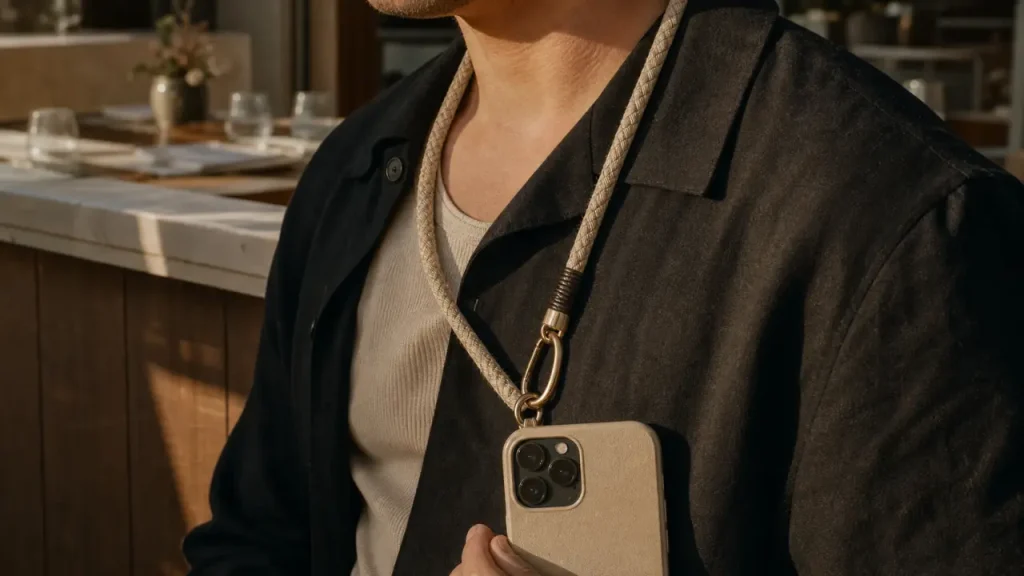 Tour de cou telephone avec lanière textile et mousqueton métallique, smartphone tenu contre la poitrine