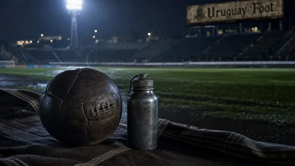 Uruguay foot : stade de Montevideo vide, ballon et gourde