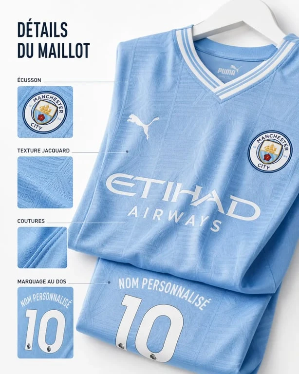 Maillot man city 2025 : gros plan sur l’écusson, la texture et la personnalisation officielle