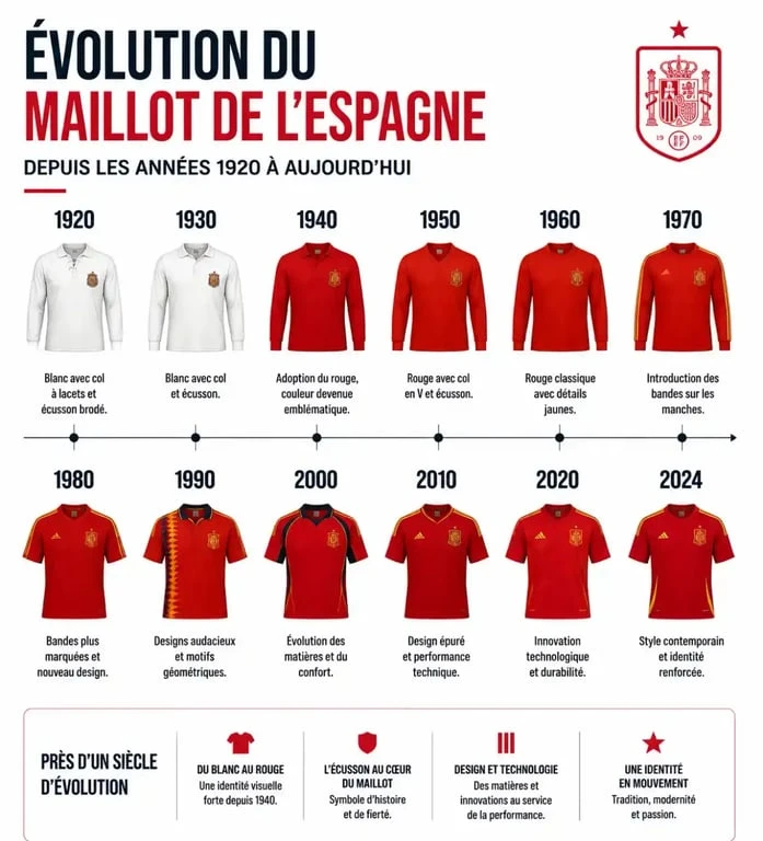 Évolution historique du maillot de foot espagne à travers les décennies