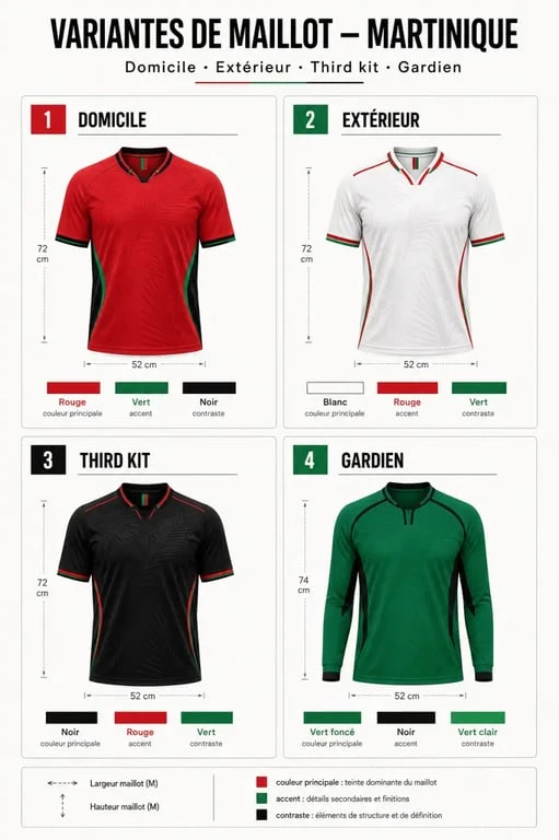 Comparatif des variantes de maillot foot Martinique domicile extérieur third et gardien