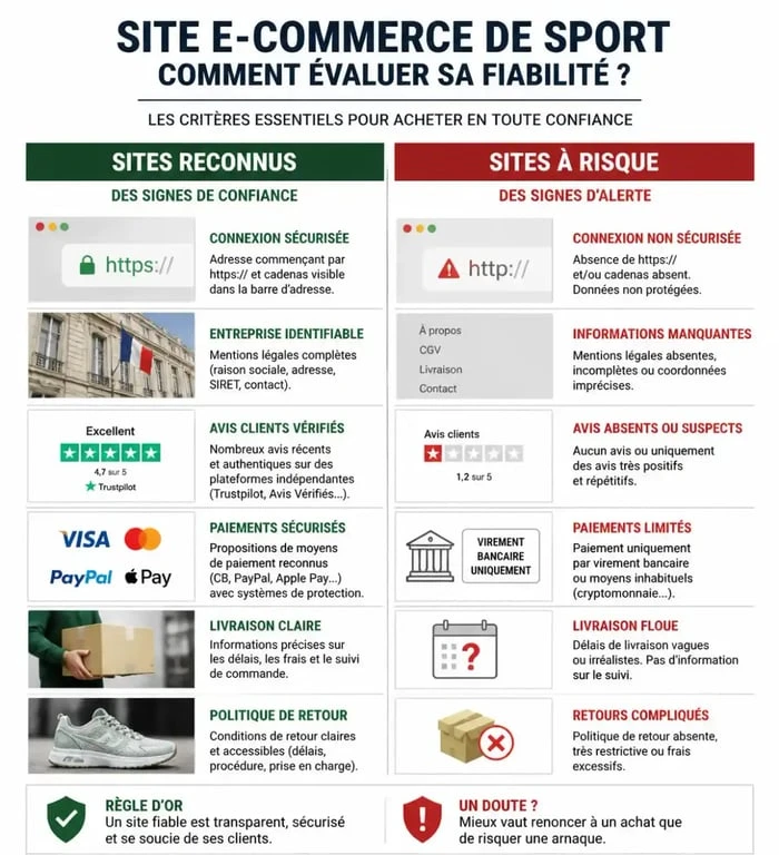 Infographie comparative pour évaluer la fiabilité d'un site foot outlet et éviter les arnaques en ligne
