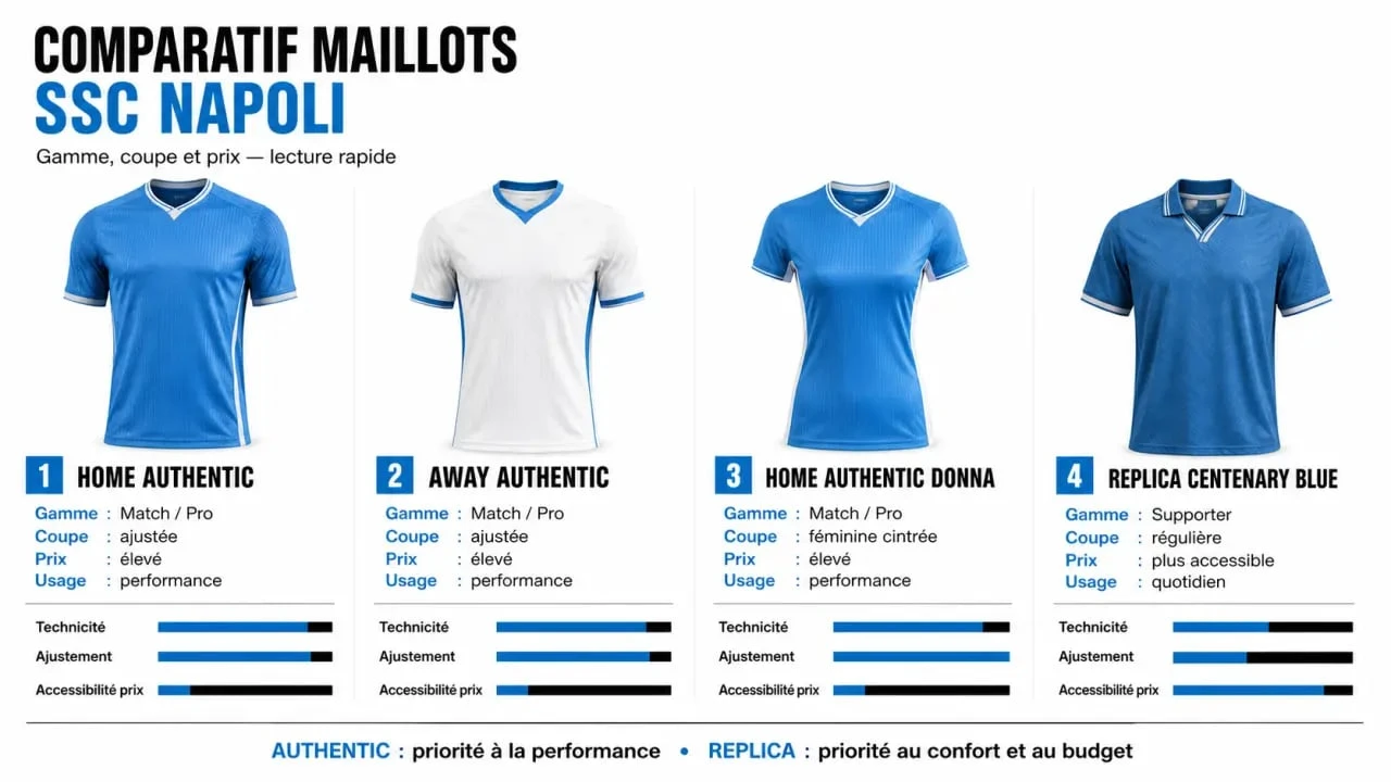 Comparatif des options naples maillot avec Home Authentic, Away Authentic, Home Authentic Donna et Replica Centenary Blue