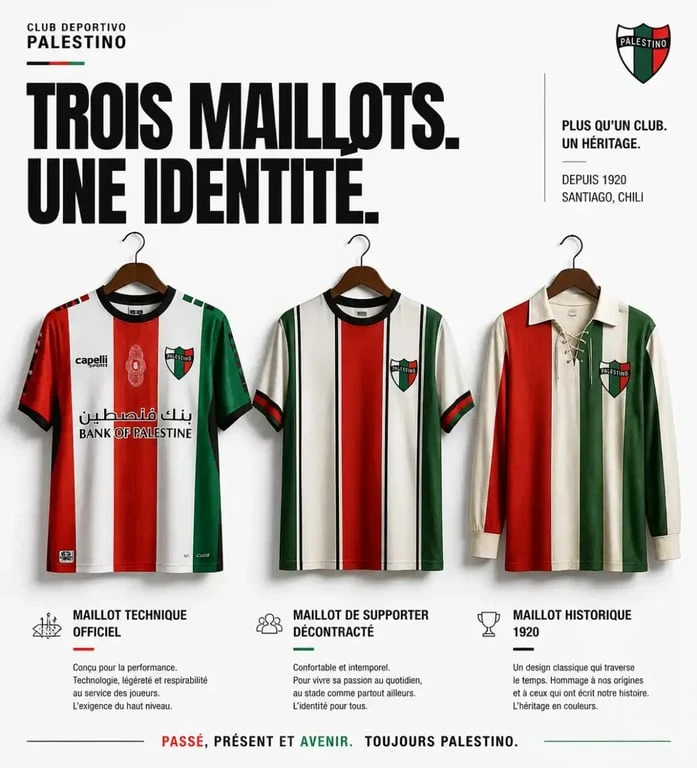 Différents styles de maillot de foot Palestine : officiel, supporter et historique