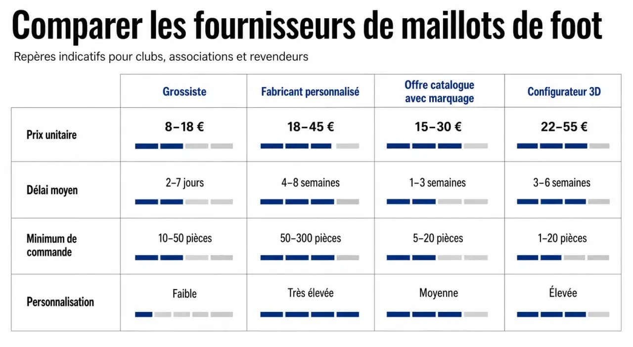 Infographie fournisseur de maillot de foot comparant grossiste, fabricant personnalisé, offre catalogue et configurateur 3D