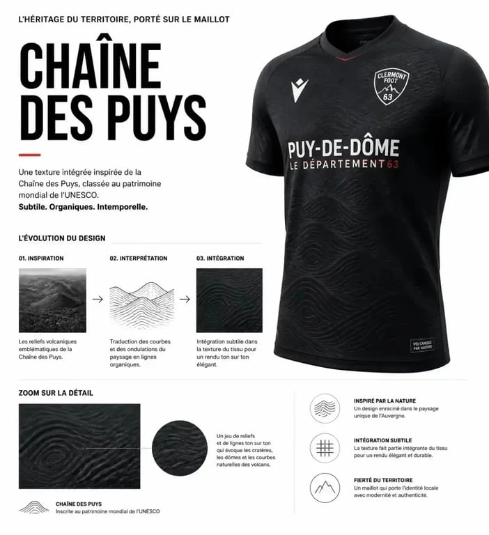 Détail du design du maillot Clermont Foot 63 avec motif de la Chaîne des Puys