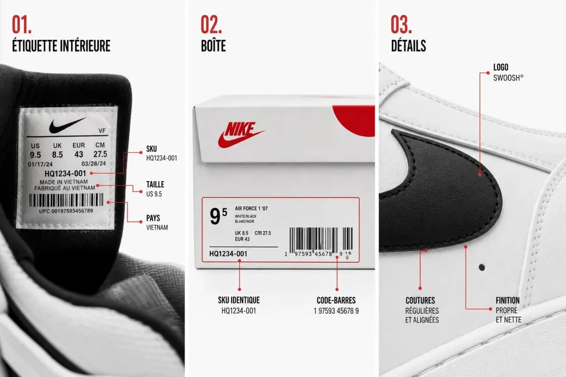 Vérifier authenticité Nike sur une paire de sneakers avec étiquette, boîte et logo