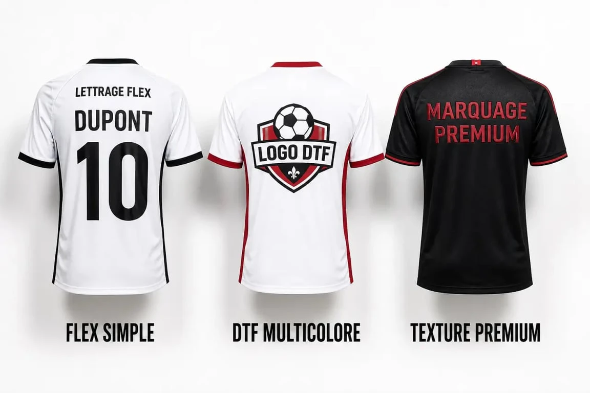 Exemples de flocage maillot de foot en flex, DTF et broderie