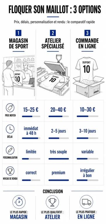 Comparatif flocage maillot de foot entre magasin de sport, atelier spécialisé et commande en ligne