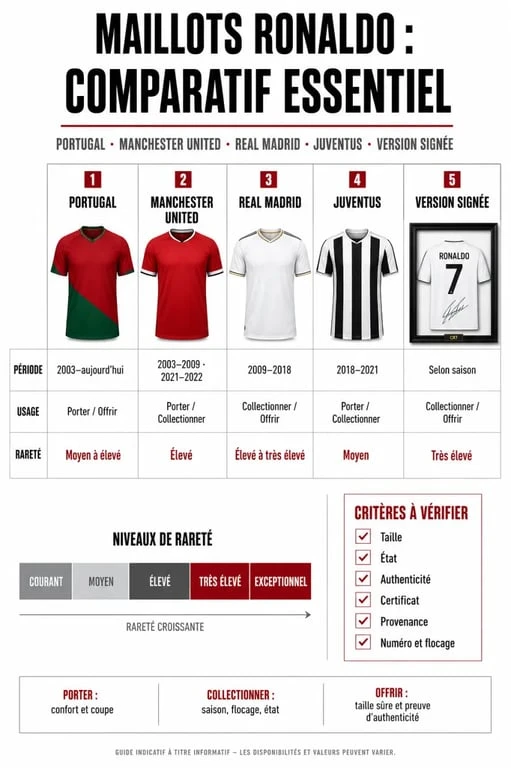 Comparatif maillot de foot Ronaldo entre Portugal, Manchester United, Real Madrid, Juventus et version signée