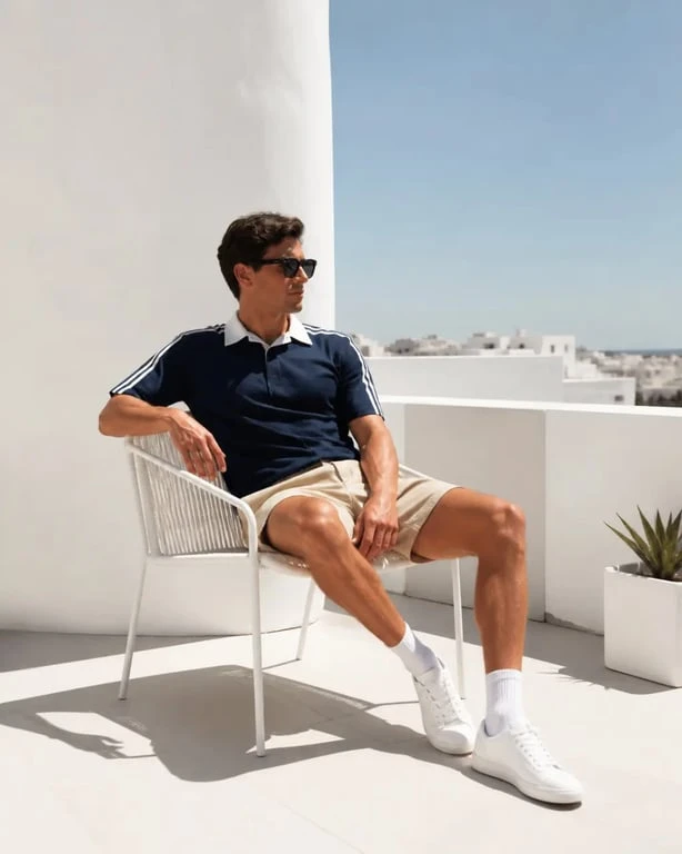 Maillot de foot stylé pour l'été porté en tenue lifestyle sur une terrasse en ville