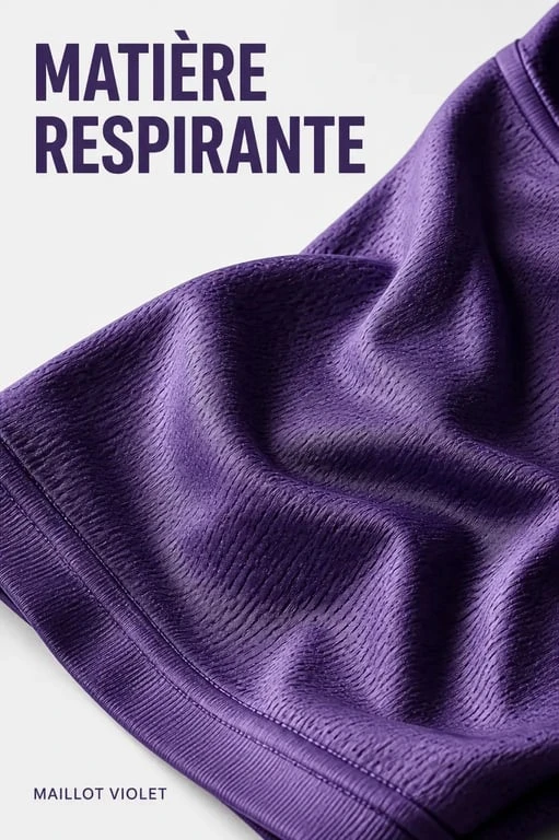 Détail matière d’un maillot de foot violet avec texture respirante et coutures visibles