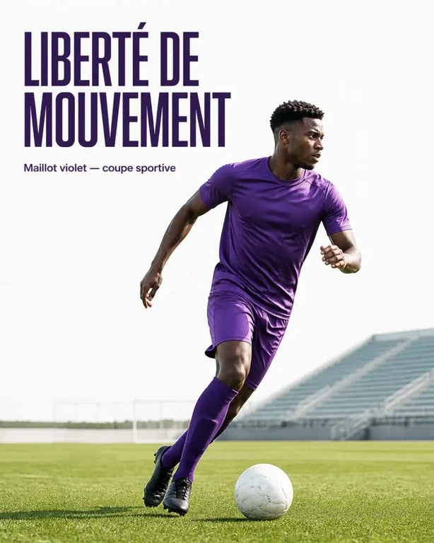 Maillot de foot violet porté en situation de jeu sur un terrain, avec coupe sportive et rendu réaliste