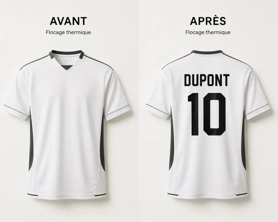 Maillot de foot à floquer en avant/après avec nom et numéro, rendu réaliste du flocage