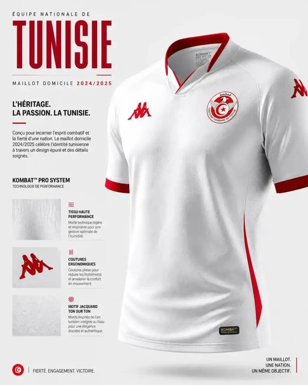 Maillot de foot Tunisie officiel Kappa avec technologie Kombat Pro