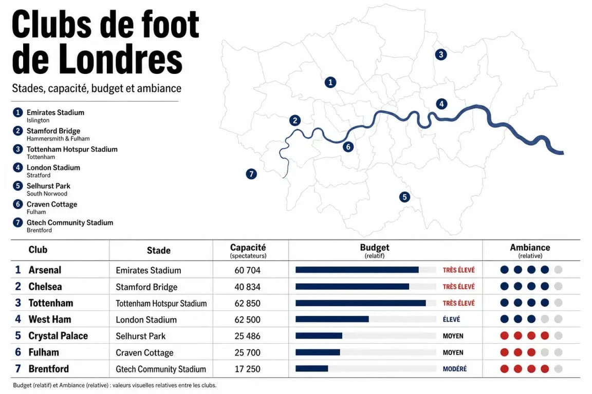 Carte éditoriale des clubs de foot de Londres avec stades et budgets indicatifs