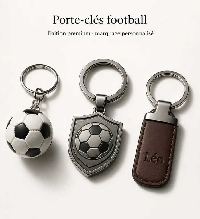 Porte clé foot en plusieurs variantes avec ballon, métal et personnalisation