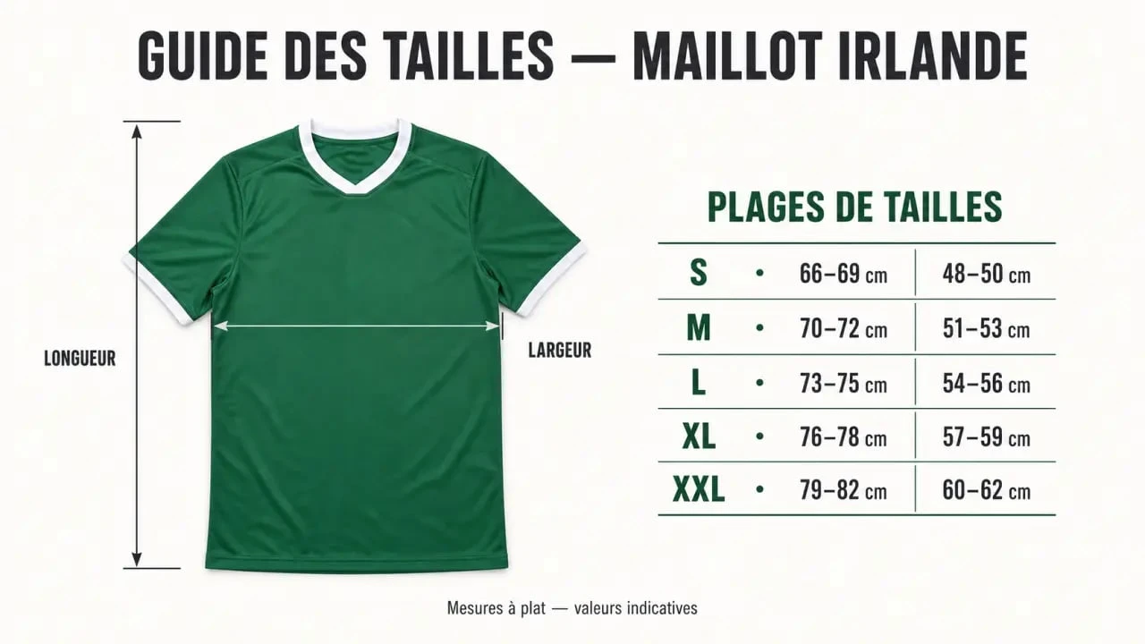 Maillot Irlande foot : guide visuel des tailles et mesures à plat