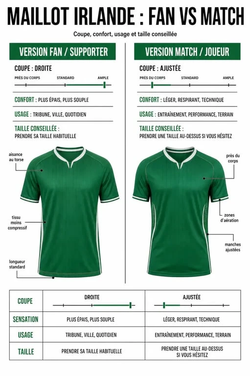 Maillot Irlande foot : comparaison visuelle entre version fan et version match