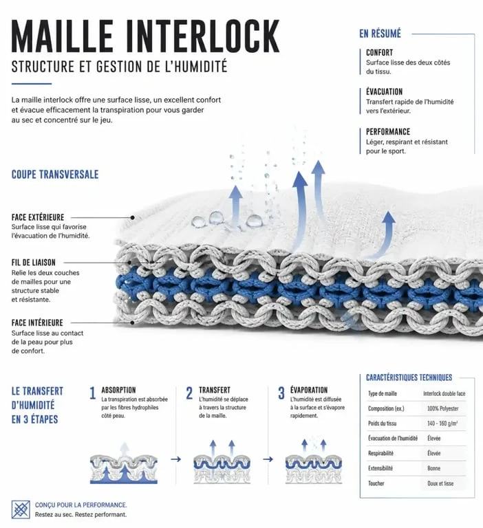 Schéma technique des propriétés respirantes d'un maillot de foot orange en tissu Interlock