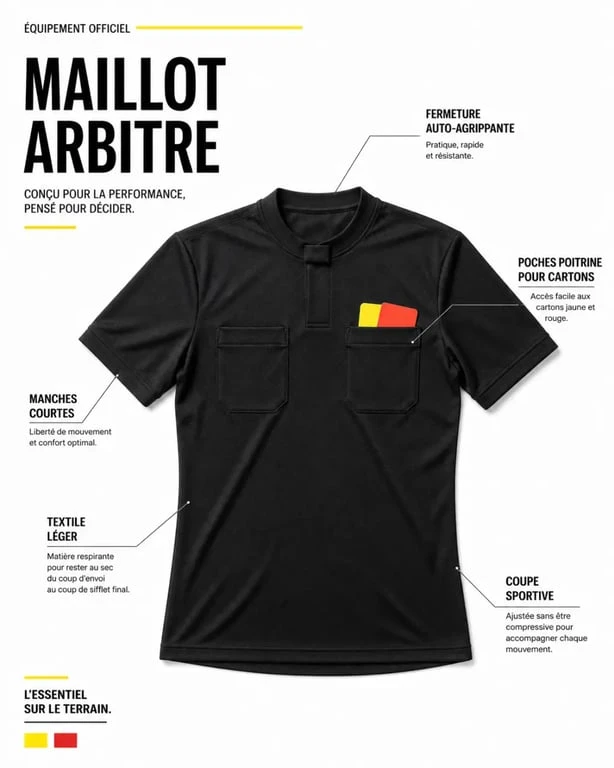 Maillot arbitre foot présenté avec ses caractéristiques clés : manches courtes, poches poitrine et fermeture sécurisée
