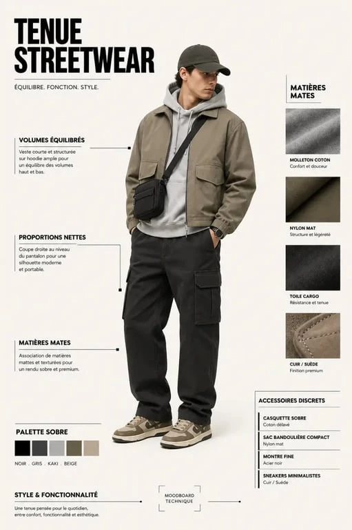 Tenue streetwear homme : look masculin urbain avec hoodie, cargo et sneakers
