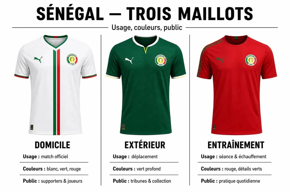 Maillot foot senegal comparé en versions domicile, extérieur et entraînement