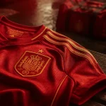 Maillot de foot Espagne officiel rouge et or sur banc, guide tailles visible