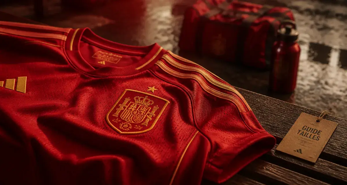 Maillot de foot Espagne officiel rouge et or sur banc, guide tailles visible