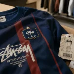 Maillot de foot stussy sur table : rayures et logo, concept Stussy