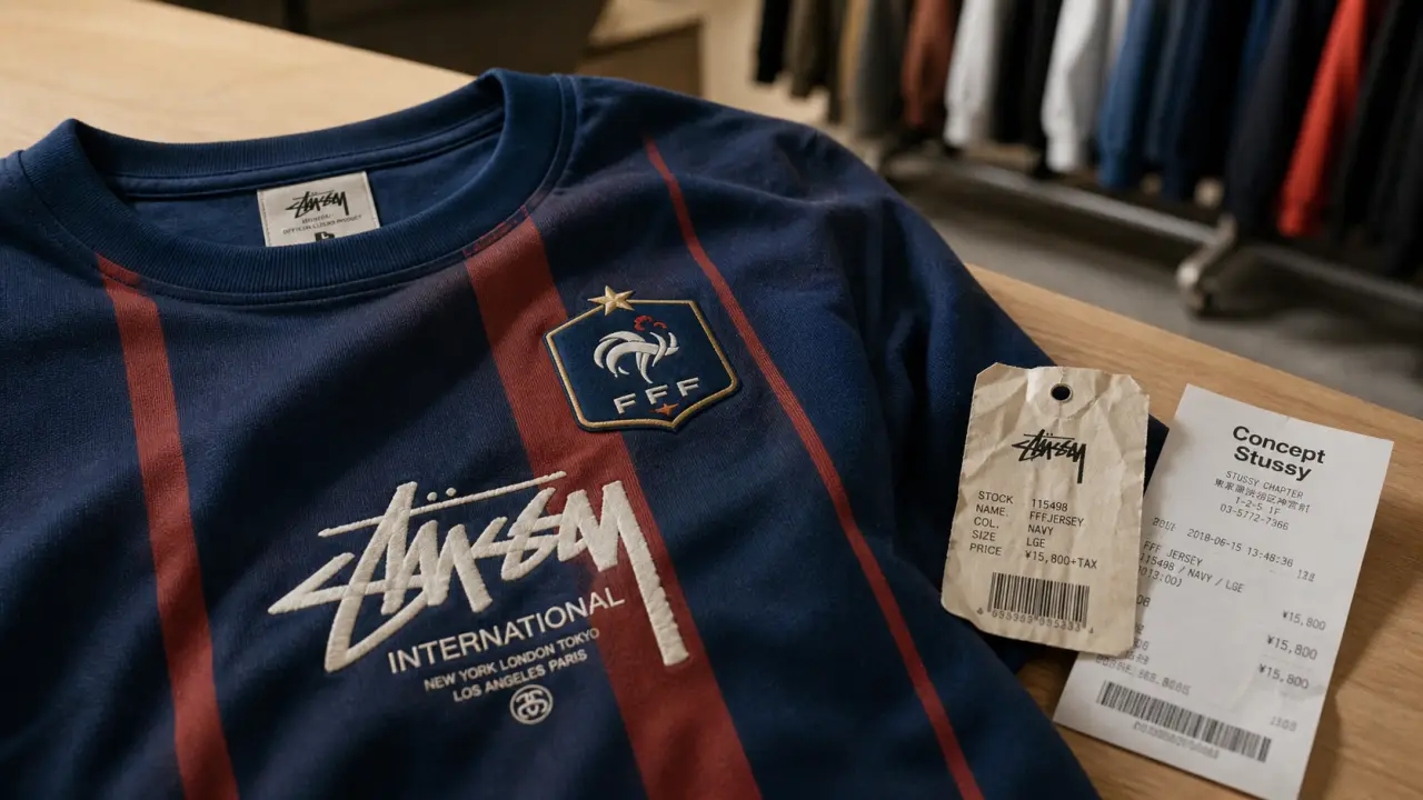 Maillot de foot stussy sur table : rayures et logo, concept Stussy