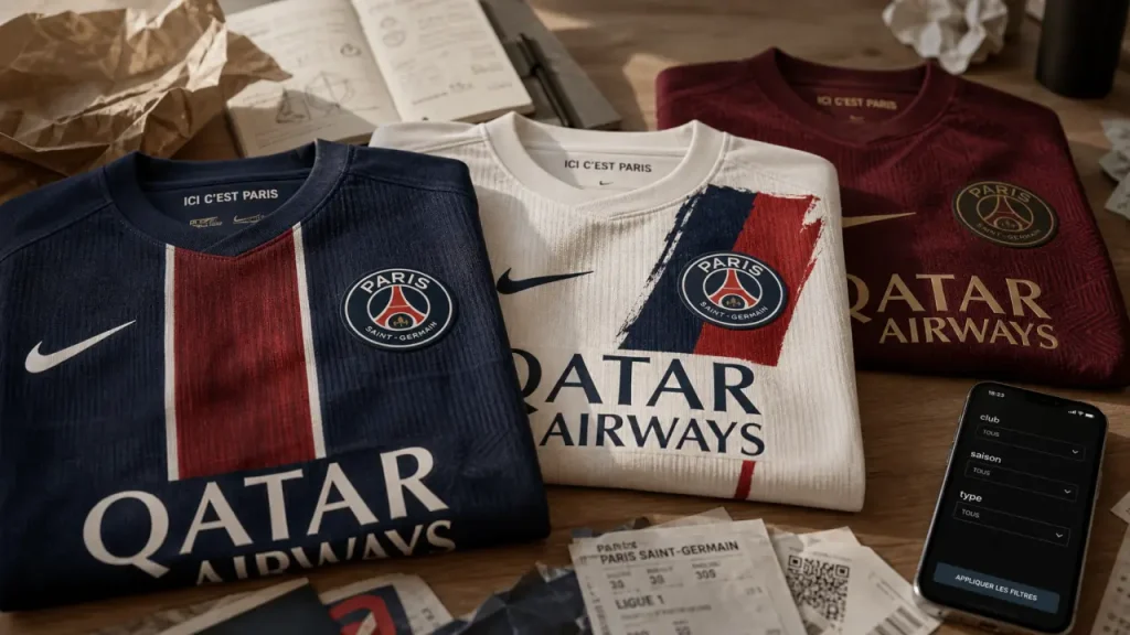 Maillot ligue 1 domicile extérieur vintage, photo rangée de maillots pliés