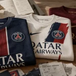 Maillot ligue 1 domicile extérieur vintage, photo rangée de maillots pliés
