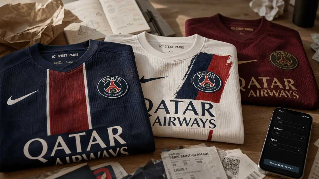 Maillot ligue 1 domicile extérieur vintage, photo rangée de maillots pliés