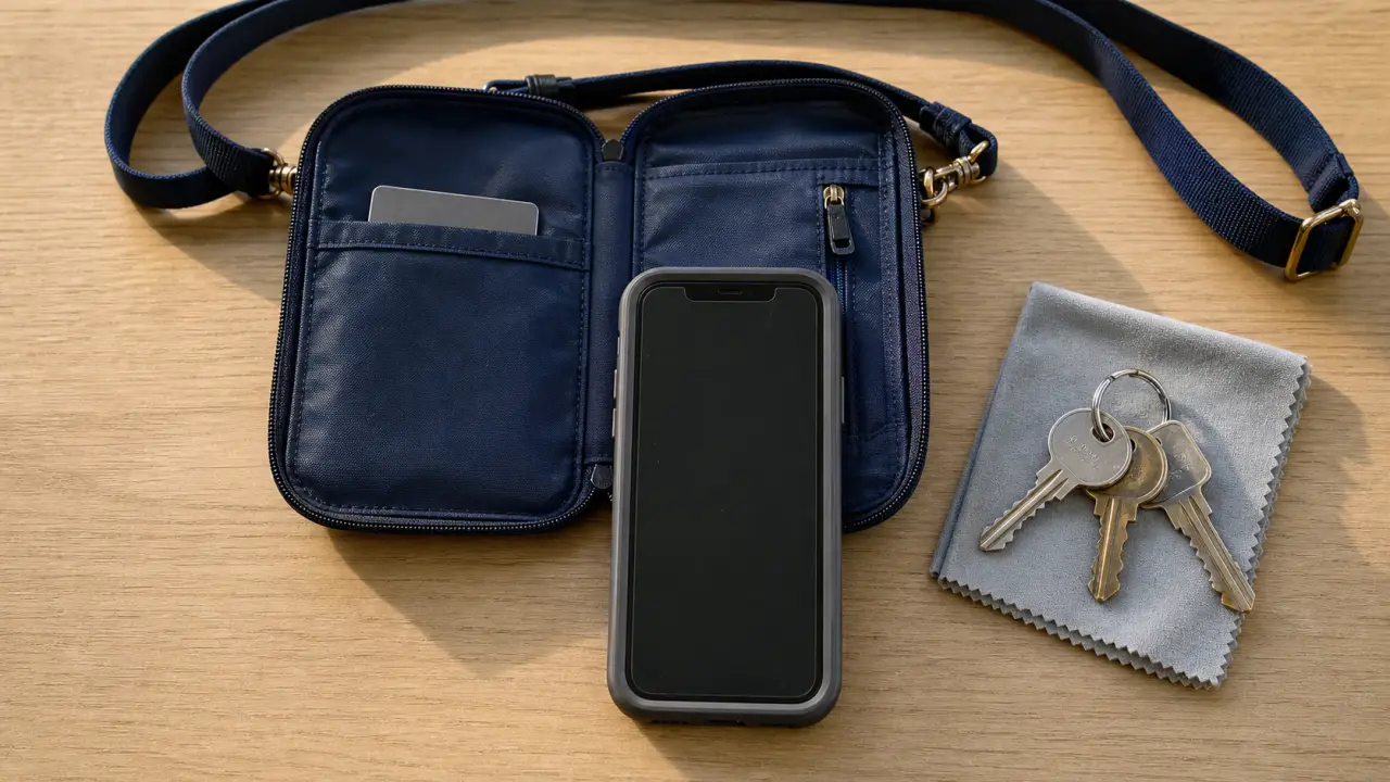 Pochette portable : bandoulière en tissu bleu marine avec smartphone et accessoires