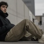 Tenue streetwear homme : hoodie noir cargo kaki et sneakers blanches en ville