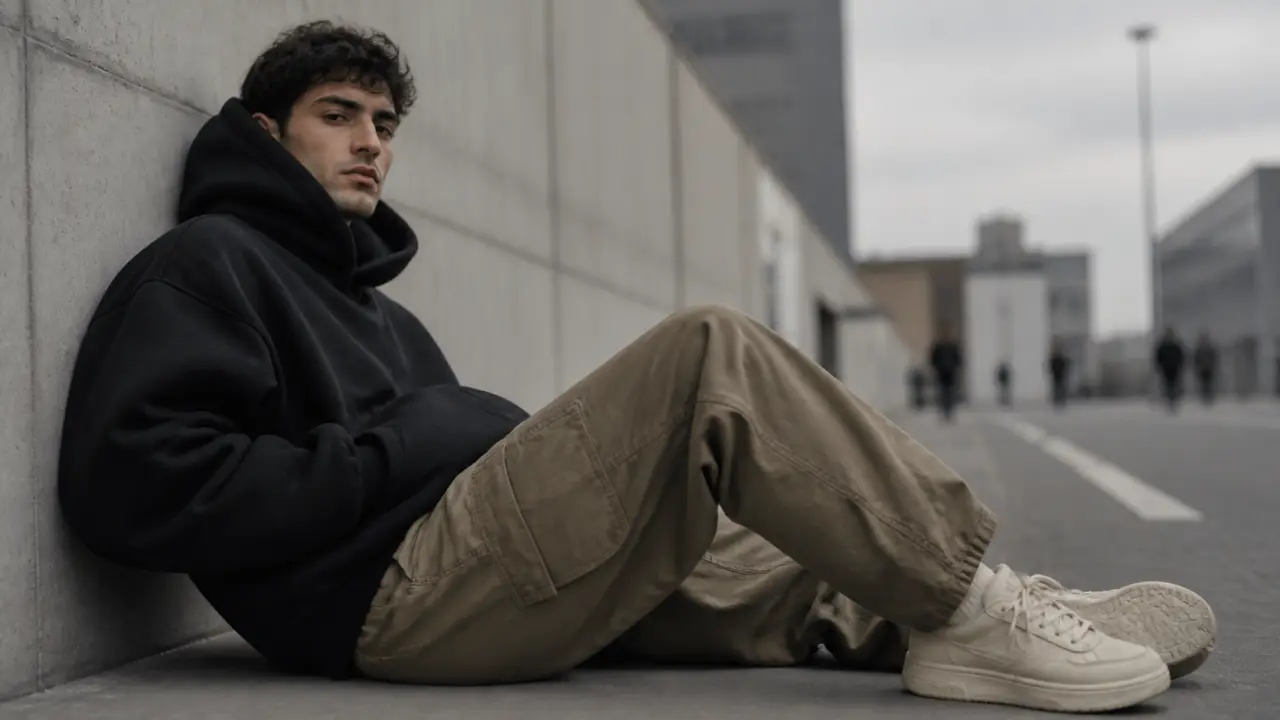 Tenue streetwear homme : hoodie noir cargo kaki et sneakers blanches en ville
