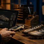 Chaussures de foot personnalisables en atelier, configurateur sur tablette