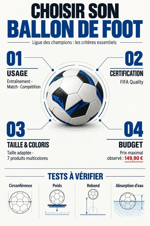 Infographie pour choisir un ballon de foot Ligue des champions selon l’usage, la certification et le budget