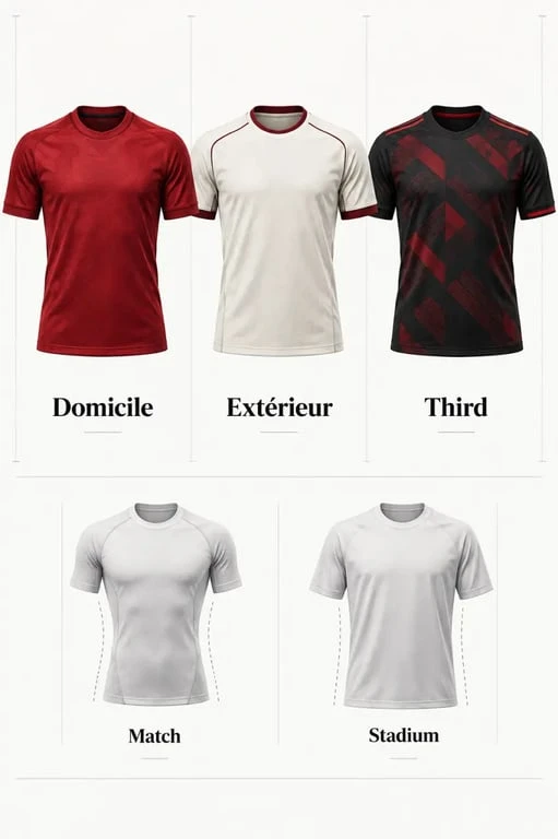 Comparaison des modèles de maillot de foot Liverpool domicile, extérieur, third, Match et Stadium