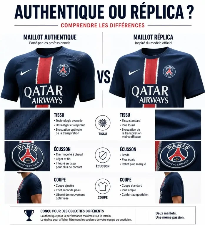 Comparaison visuelle entre maillot de foot Manchester City authentique et version replica