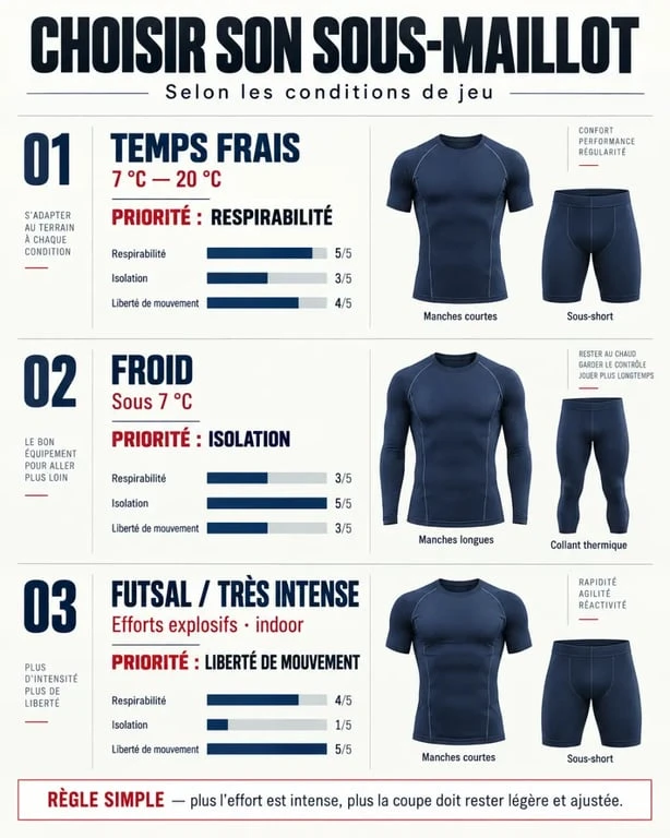 Sous maillot foot : choix selon la température, l’intensité et les zones du corps à protéger