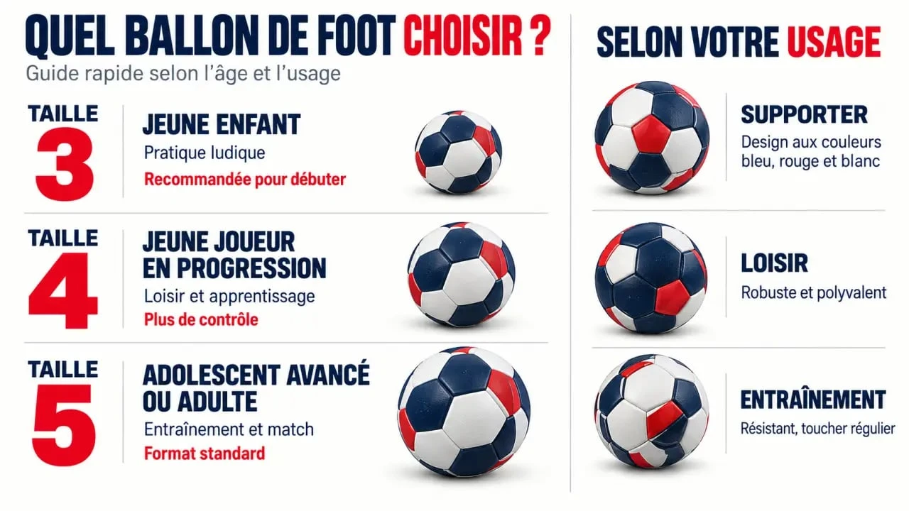 Infographie sur le choix d’un ballon de foot PSG selon la taille et l’usage
