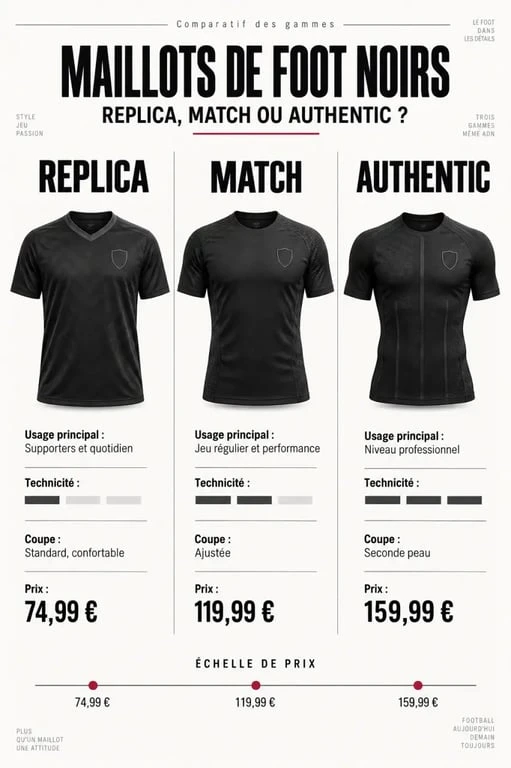 Infographie comparative des gammes de maillot de foot noir Replica Match et Authentic