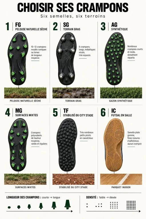 Crampons football : comparaison visuelle des semelles FG, SG, AG, MG, TF et IC selon la surface