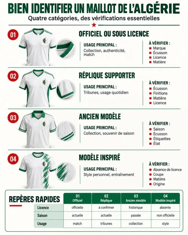Infographie comparative des différents maillots de foot Algérie : officiel, réplique, ancien modèle et modèle inspiré