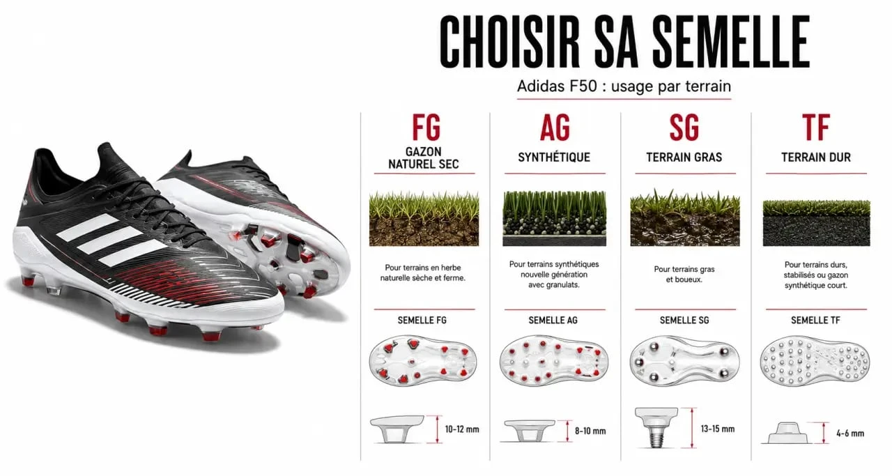Chaussures de foot F50 : comparaison des semelles FG, AG, SG et TF selon le terrain