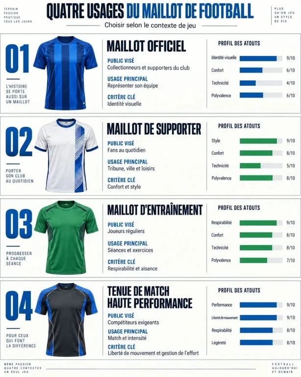 Decathlon maillot de foot : infographie pour comparer maillot officiel, supporter et entraînement